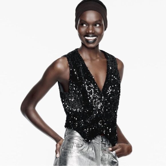 NWT Zara Black Vest Sequin Velvet Bloggers Favorite Size S - Picture 10 of 14